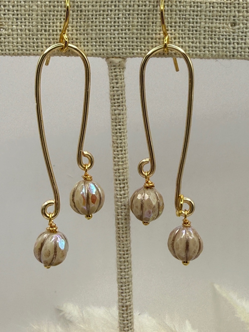 Gold Drop Earrings with Iridescent Beige Beads